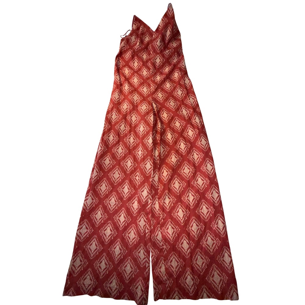 Zara Womens XS Red Ikat Diamond Print Halter Wide Leg Cotton Jumpsuit